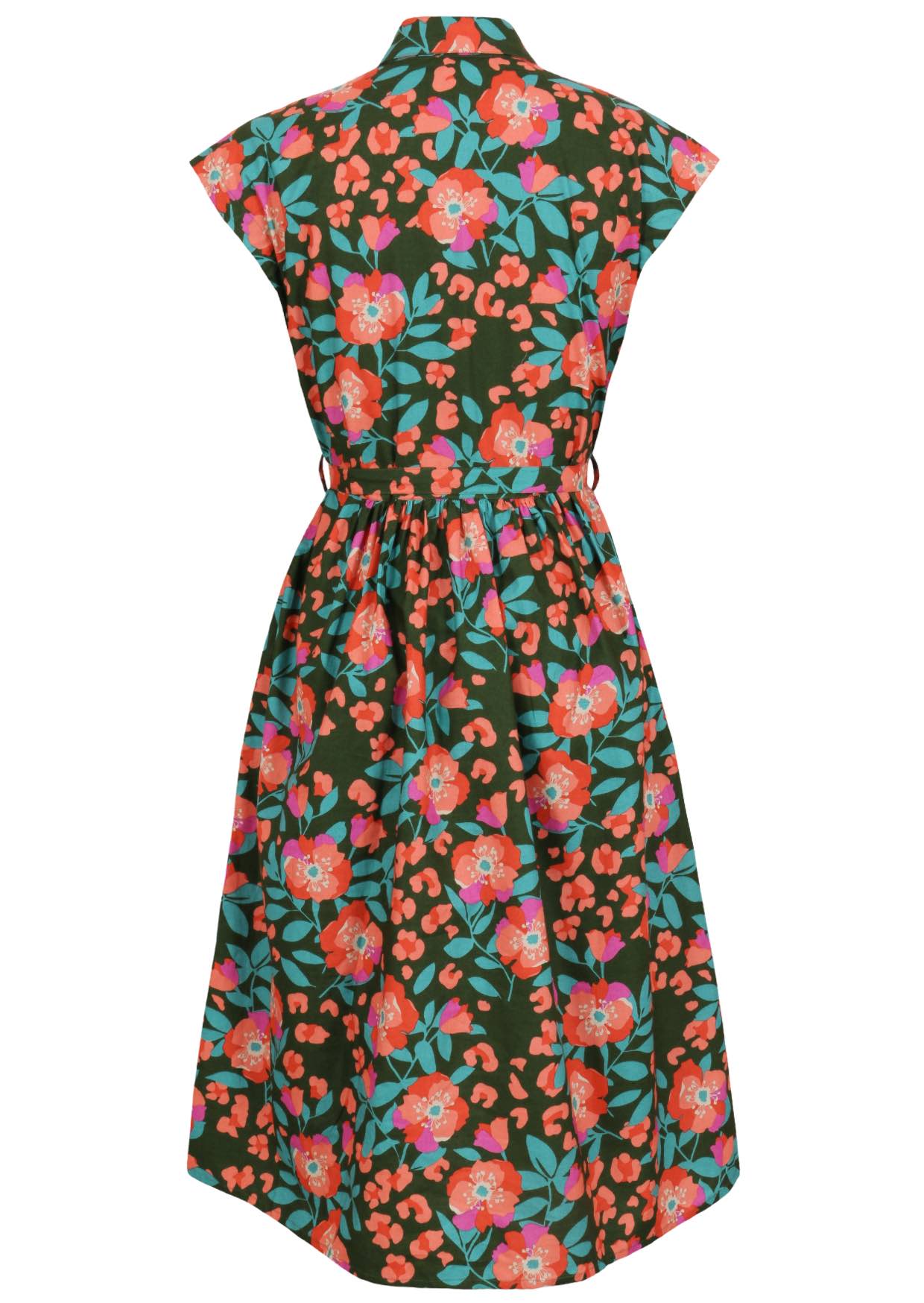 Back view of olive green based floral print cotton cap sleeves dress.
