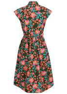 Back view of olive green based floral print cotton cap sleeves dress.