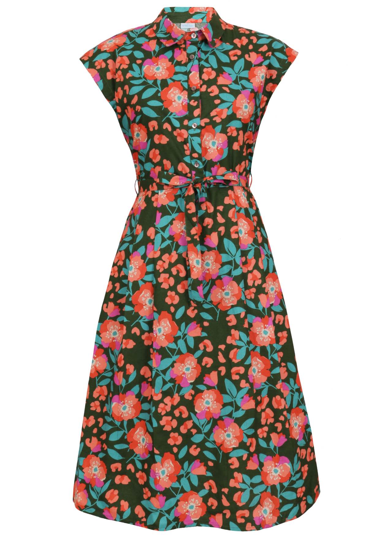 Olive green based floral print cotton dress with removable waist tie.