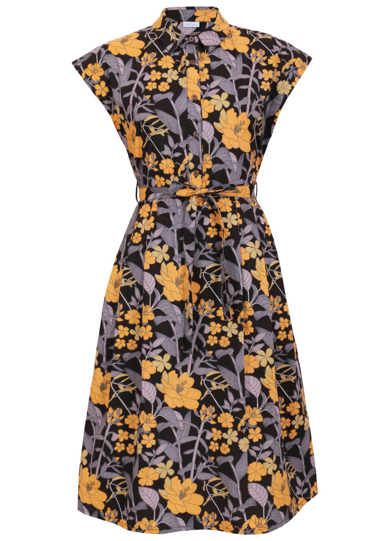 Retro floral 100% cotton midi length dress with buttoned bodice, collar, cap sleeves, pockets and fabric waist tie