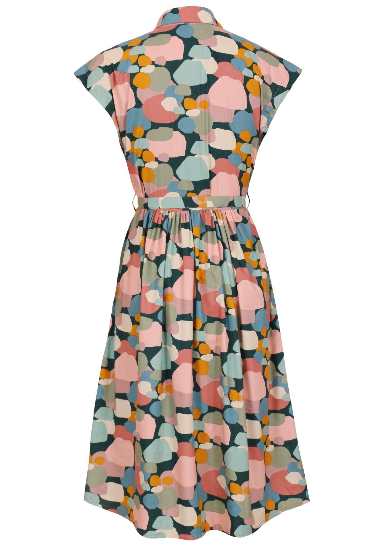 Pink, green, blue and mustard spotty print buttoned bodice dress with small gathers in the centre back