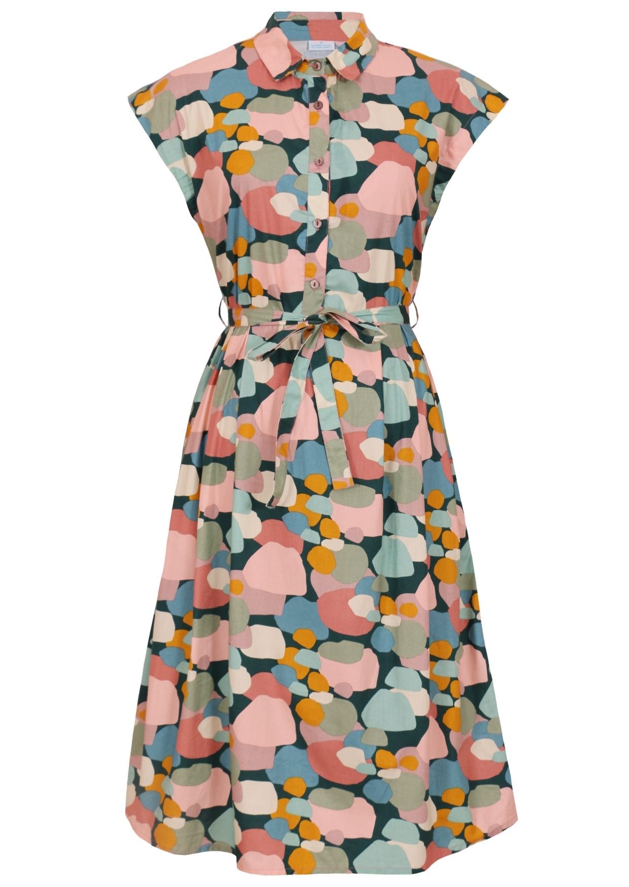 Pink, green, blue and mustard spotty print buttoned bodice dress with collar and cap sleeves 