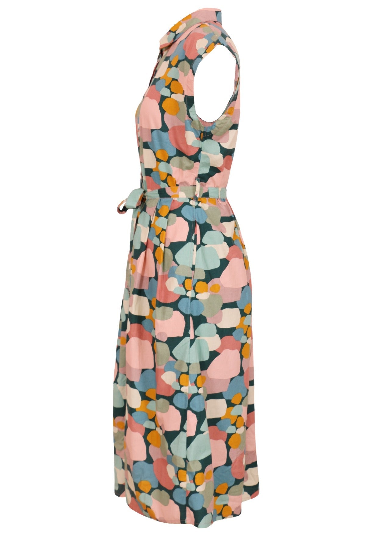 Pink, green, blue and mustard spotty print buttoned bodice dress with hidden side pockets and waist tie