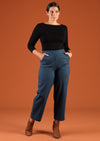 blue cotton drill pants with front zip and pockets