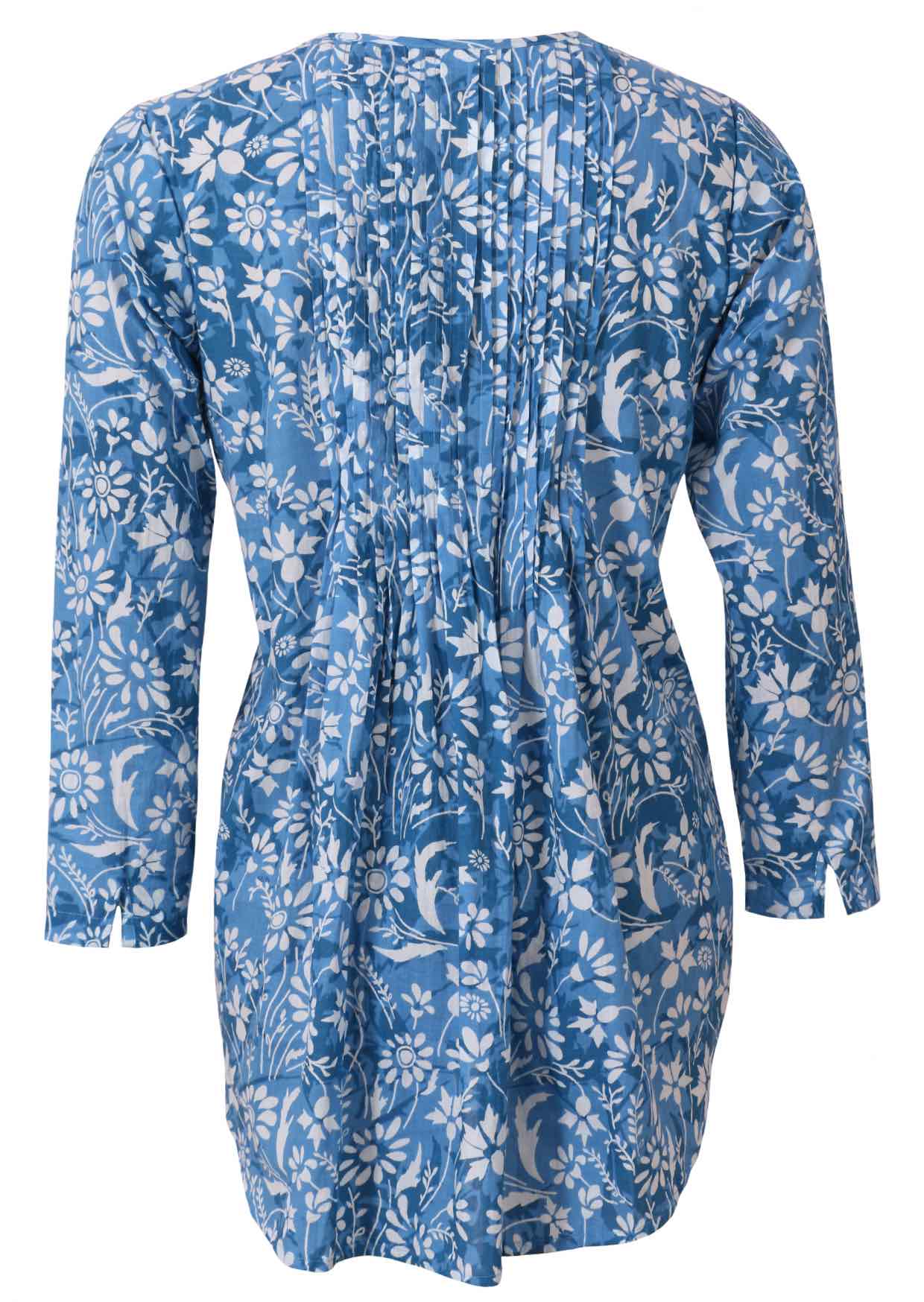 Blue floral button through shirt with long sleeves and pin tucks accross the bodice, front and back, and is longer at the back