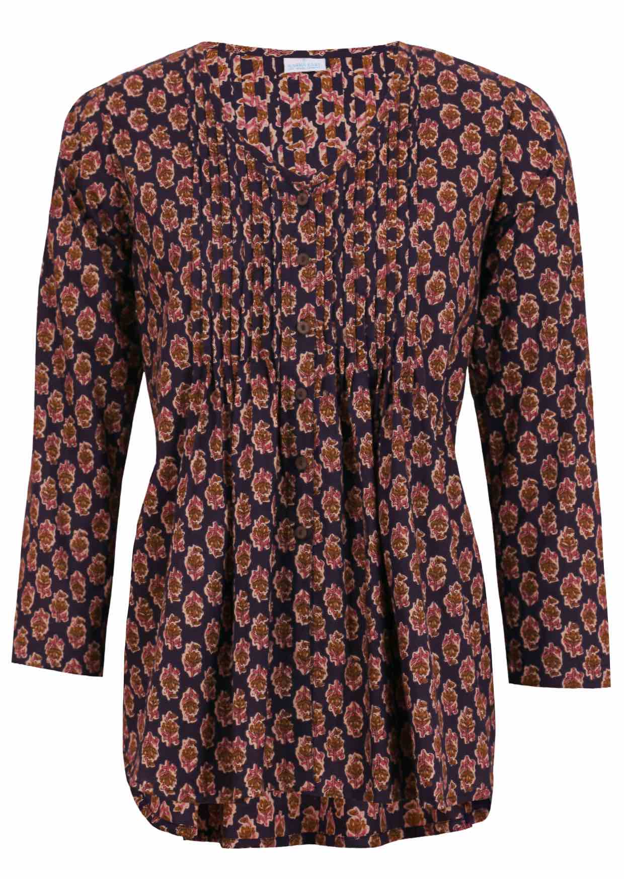 Cotton long sleeve button through top with small pin tucks across chest and V neckline.