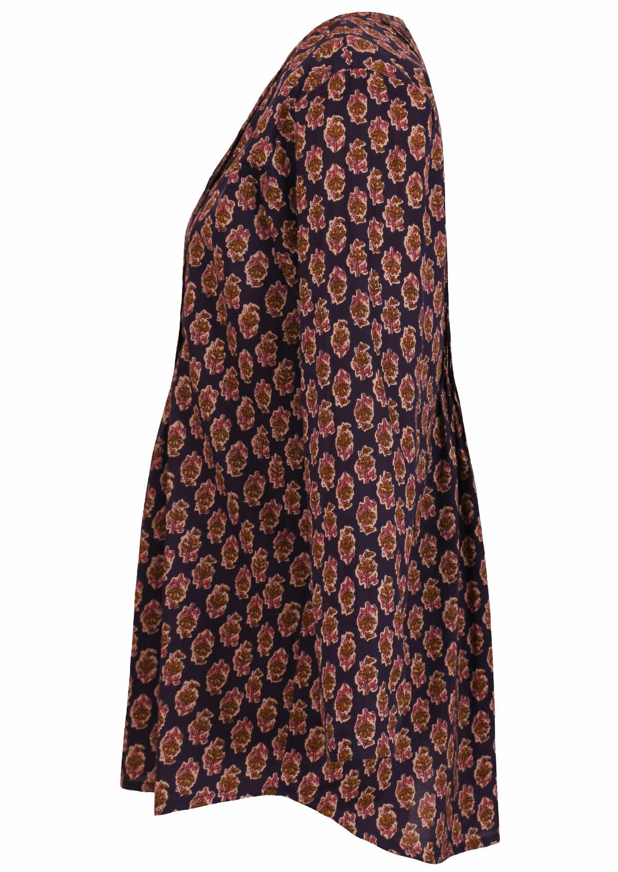 Dark purple Long sleeve cotton top with printed floral print in cream, pink and light brown.
