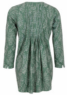 Sage green based floral print cotton button through shirt with long sleeves, and pin tucks across the bodice, front and back