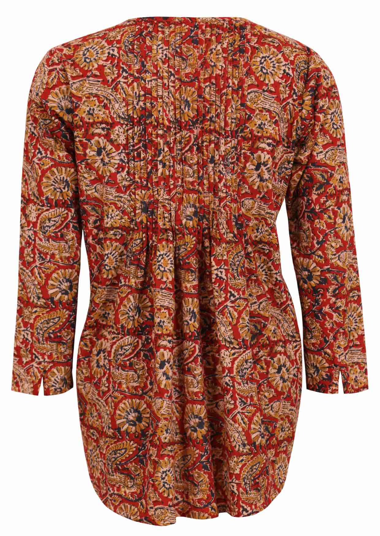 Long sleeve cotton floral print top with multiple small pleats in centre of the back