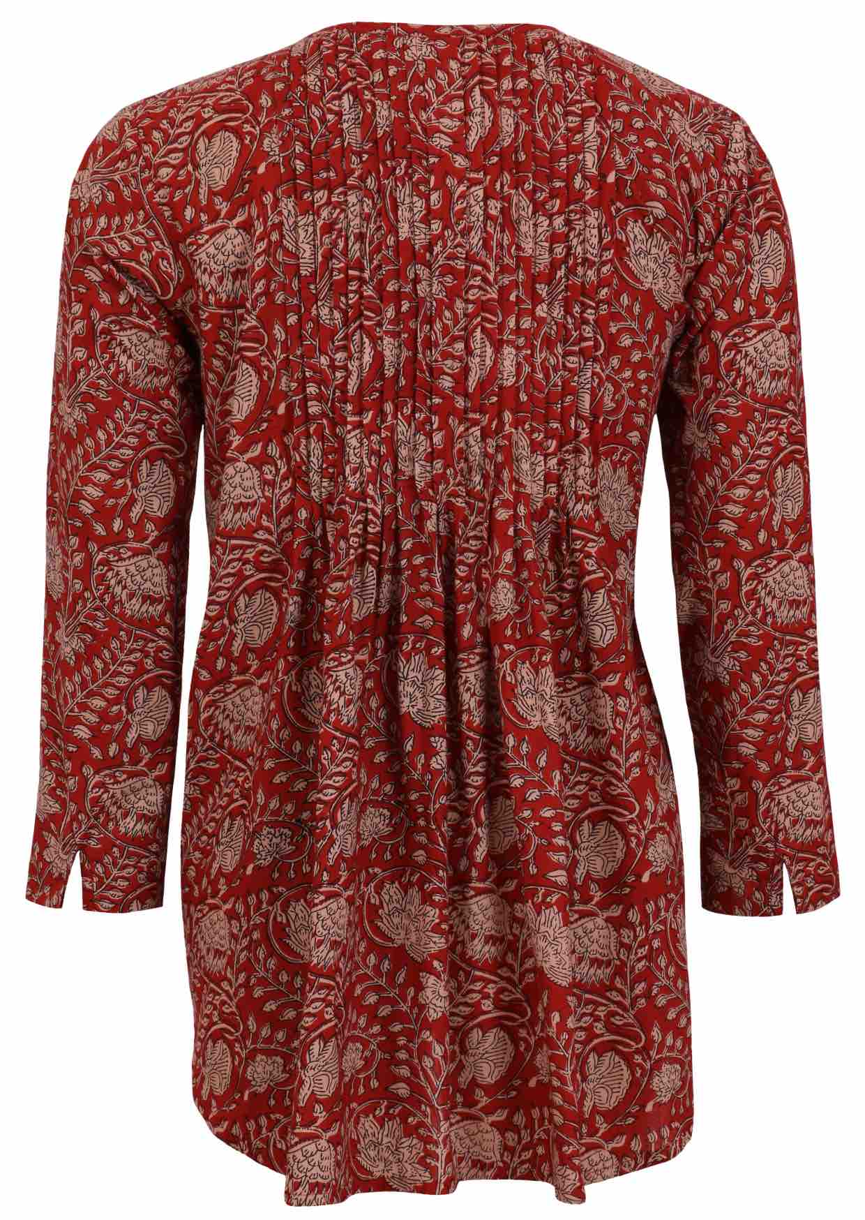 Red based floral print cotton button through shirt with long sleeves, and pin tucks across the bodice, front and back
