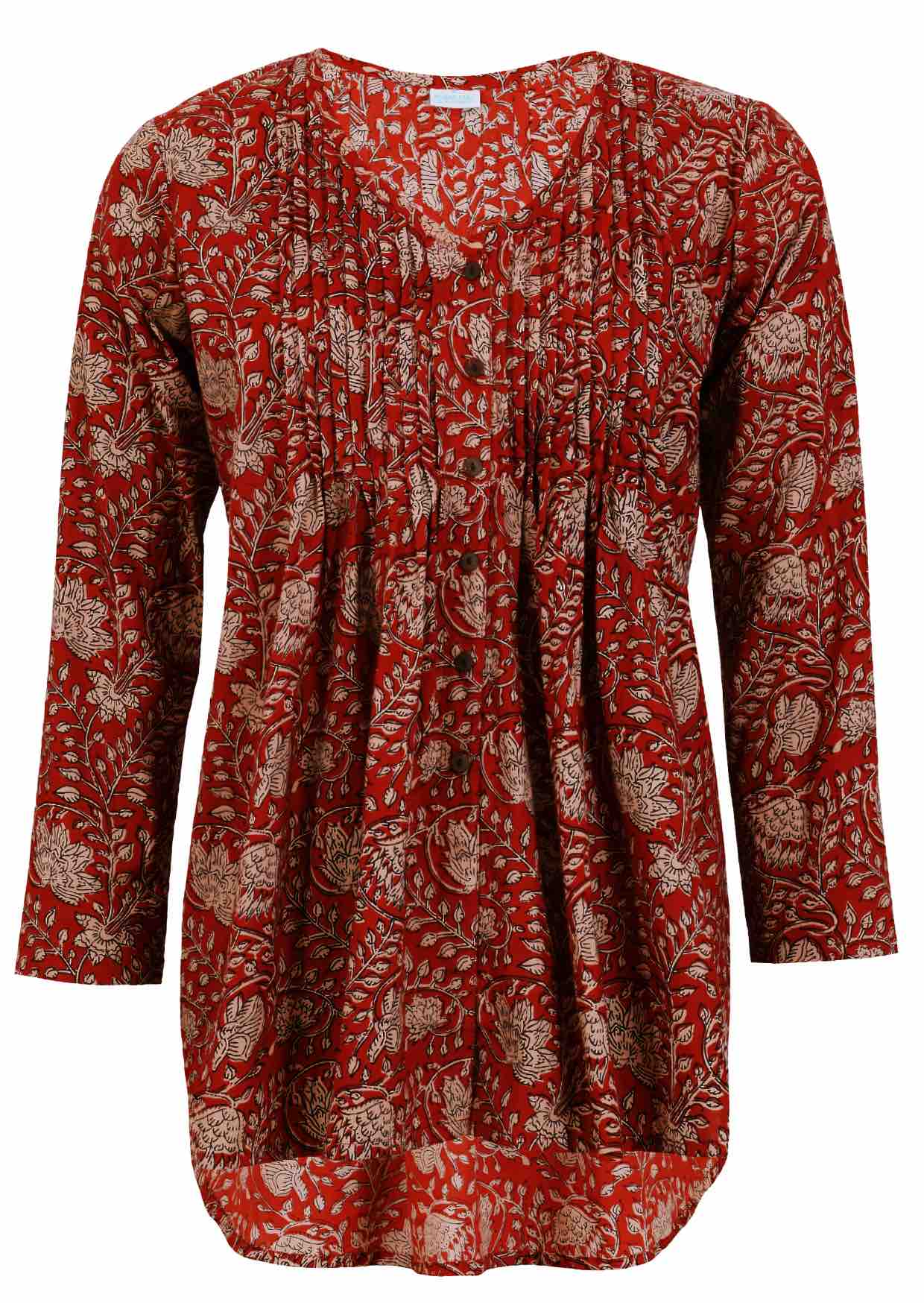 Red based floral print cotton button through shirt with pin tucks across the bodice and a V-neckline