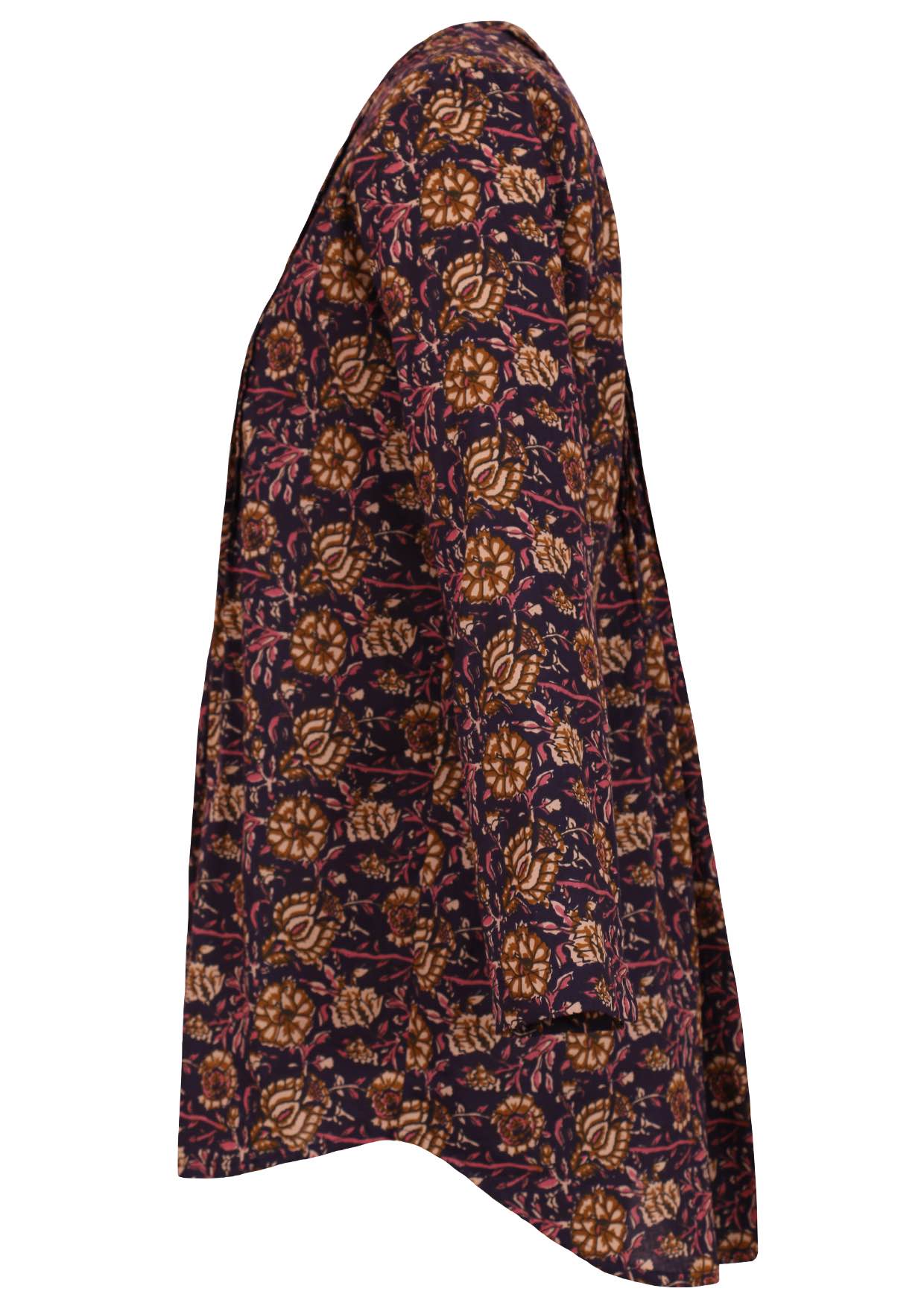 Long sleeve floral printed, dark purple top with V neckline and longer back.