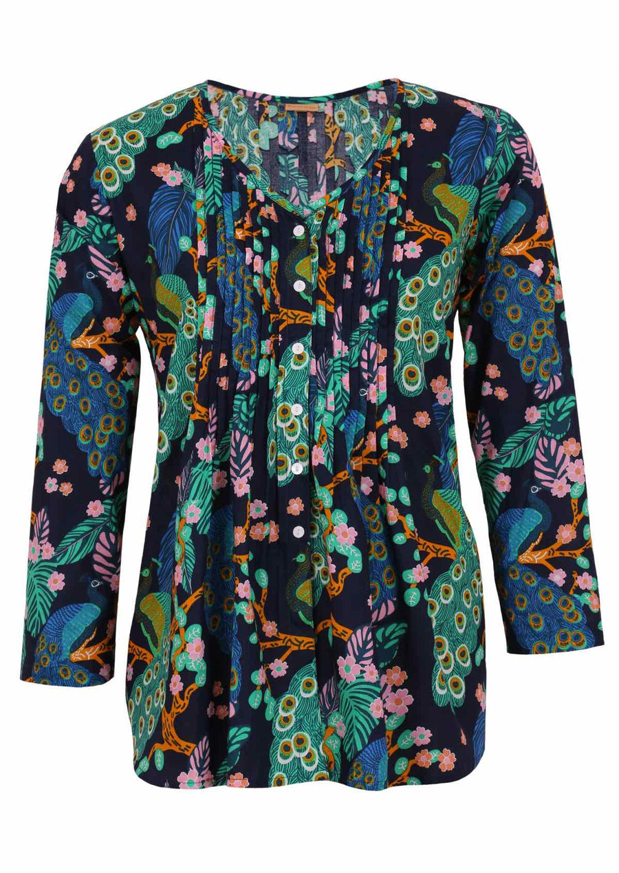 Leia Top Peacock lightweight 100% cotton v-neck button through shirt with long sleeves and pin tucks | Karma East Australia