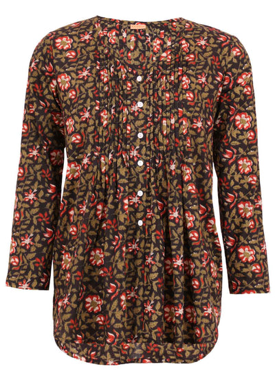 Cotton blouse with v-neck black with earthy floral design