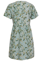 Back view of above knee length cotton dress with short sleeves and button at nape of the neck in sage green based lovely floral print 
