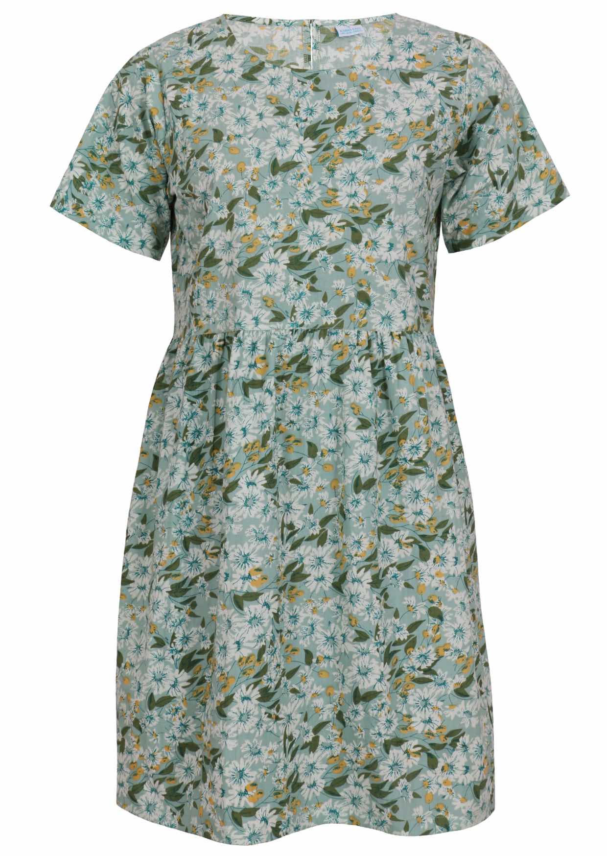 100% cotton above knee length loose fitting dress with short sleeves and high round neckline in sage green based floral print