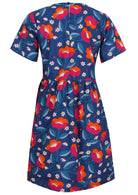 Back view of above knee length cotton dress with short sleeves and button at nape of the neck in royal blue based lovely floral print 