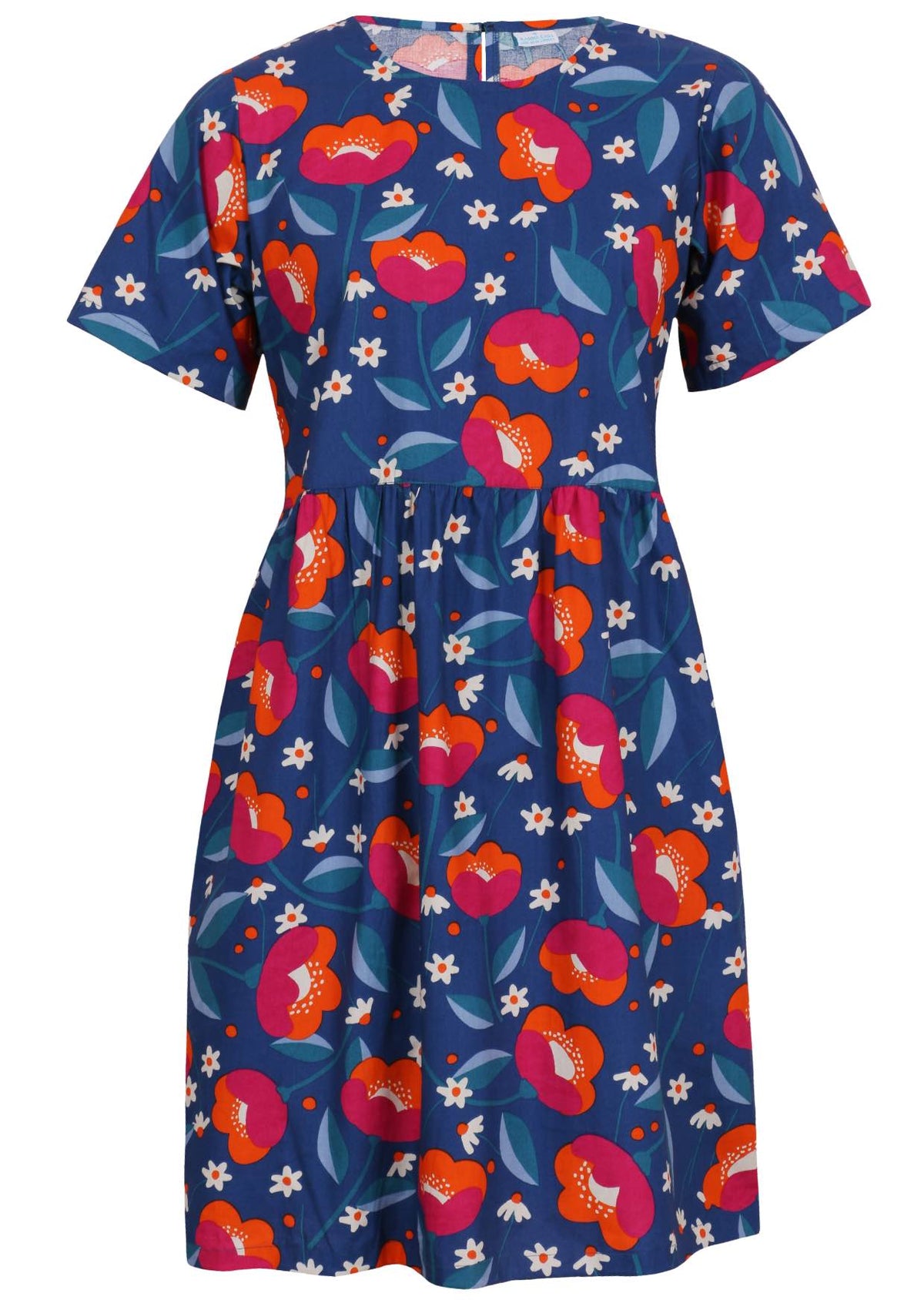 100% cotton above knee length loose fitting dress with short sleeves and high round neckline in royal blue based floral print