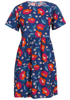 100% cotton above knee length loose fitting dress with short sleeves and high round neckline in royal blue based floral print