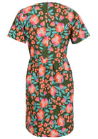 Back view of above knee length cotton dress with short sleeves and button at nape of the neck in olive green based lovely floral print 