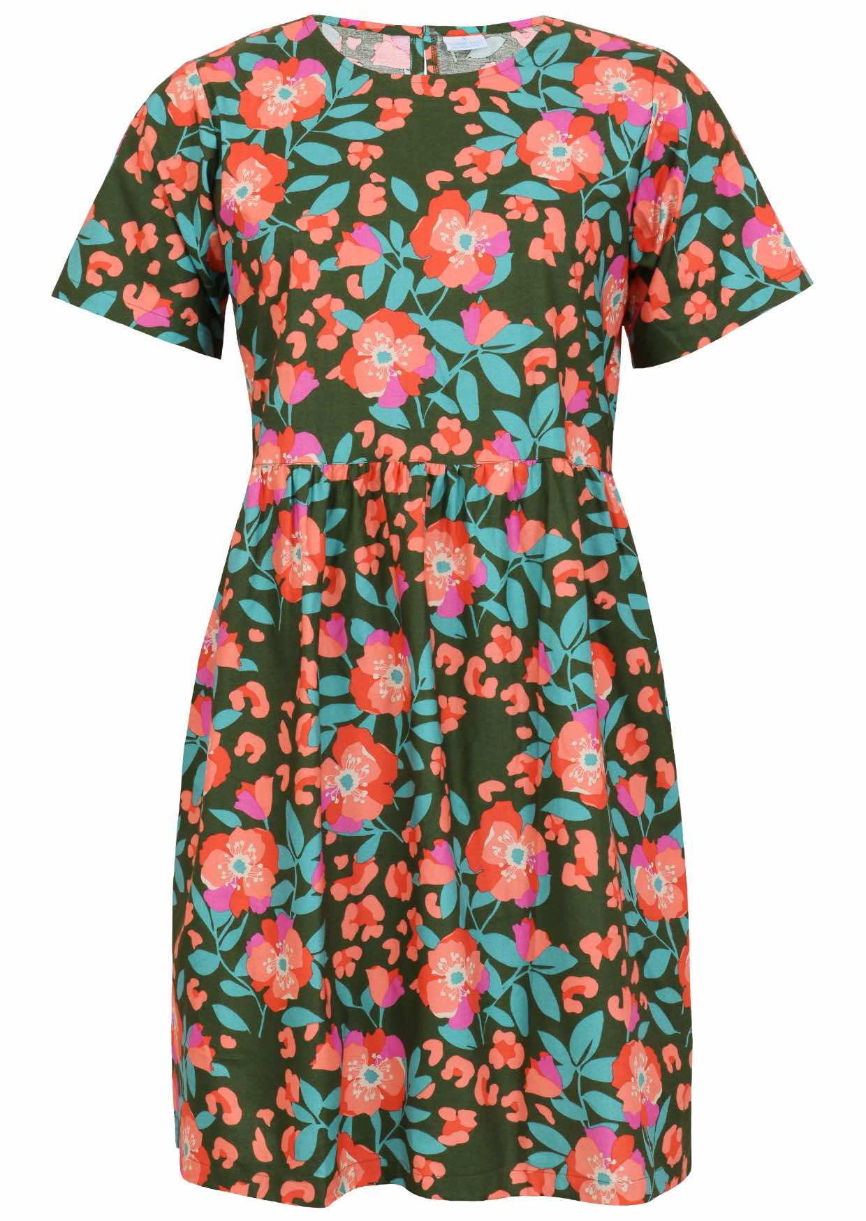 100% cotton above knee length loose fitting dress with short sleeves and high round neckline in olive green based floral print