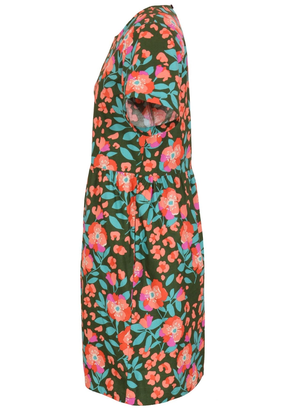 Side view of loose fitting cotton dress in olive green with short sleeves and hidden side pockets 