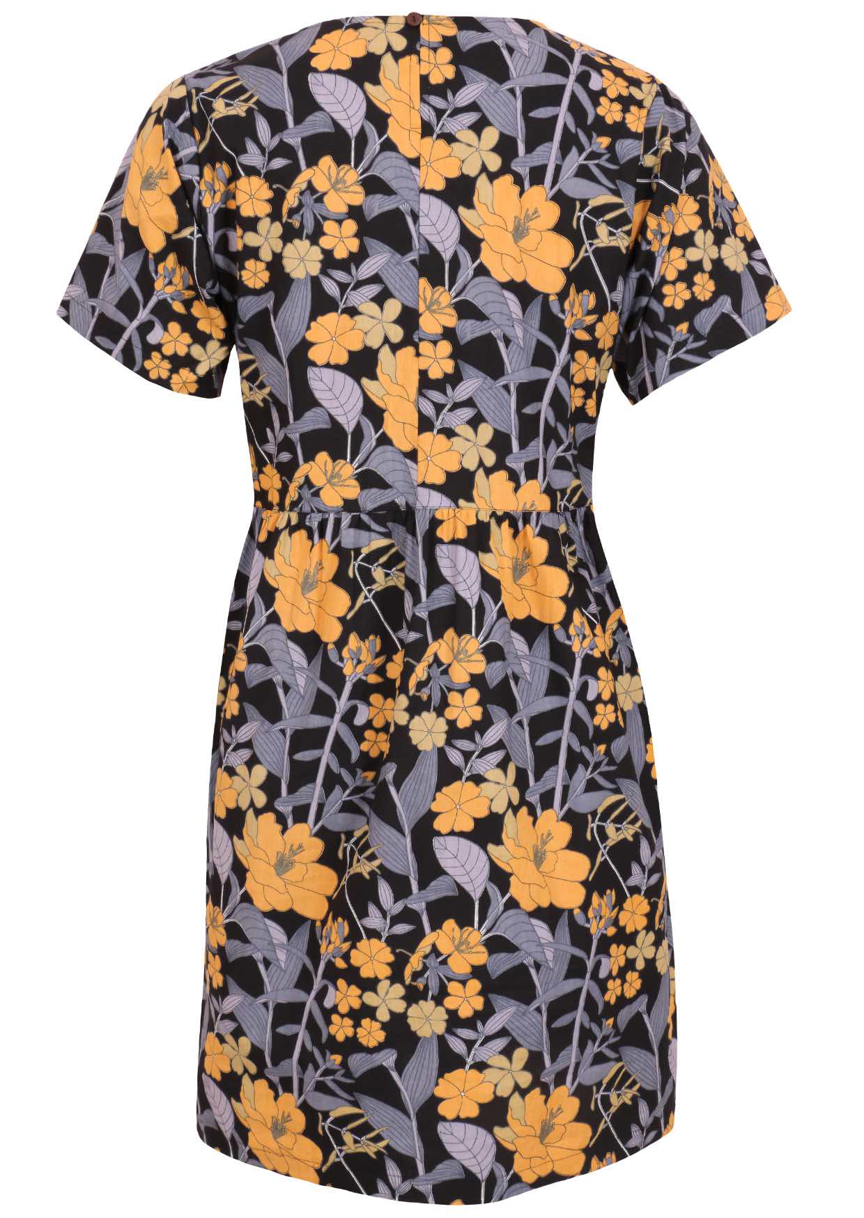 Back view of cotton short sleeved dress with blue-grey and yellow flowers on a black base, with button at nape of neck