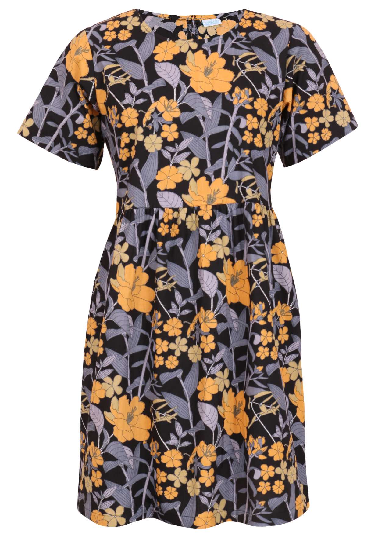 Cotton short sleeved dress with blue-grey and yellow flowers on a black base