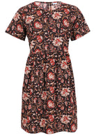 Black based traditional Indian floral print cotton dress with round neckline.