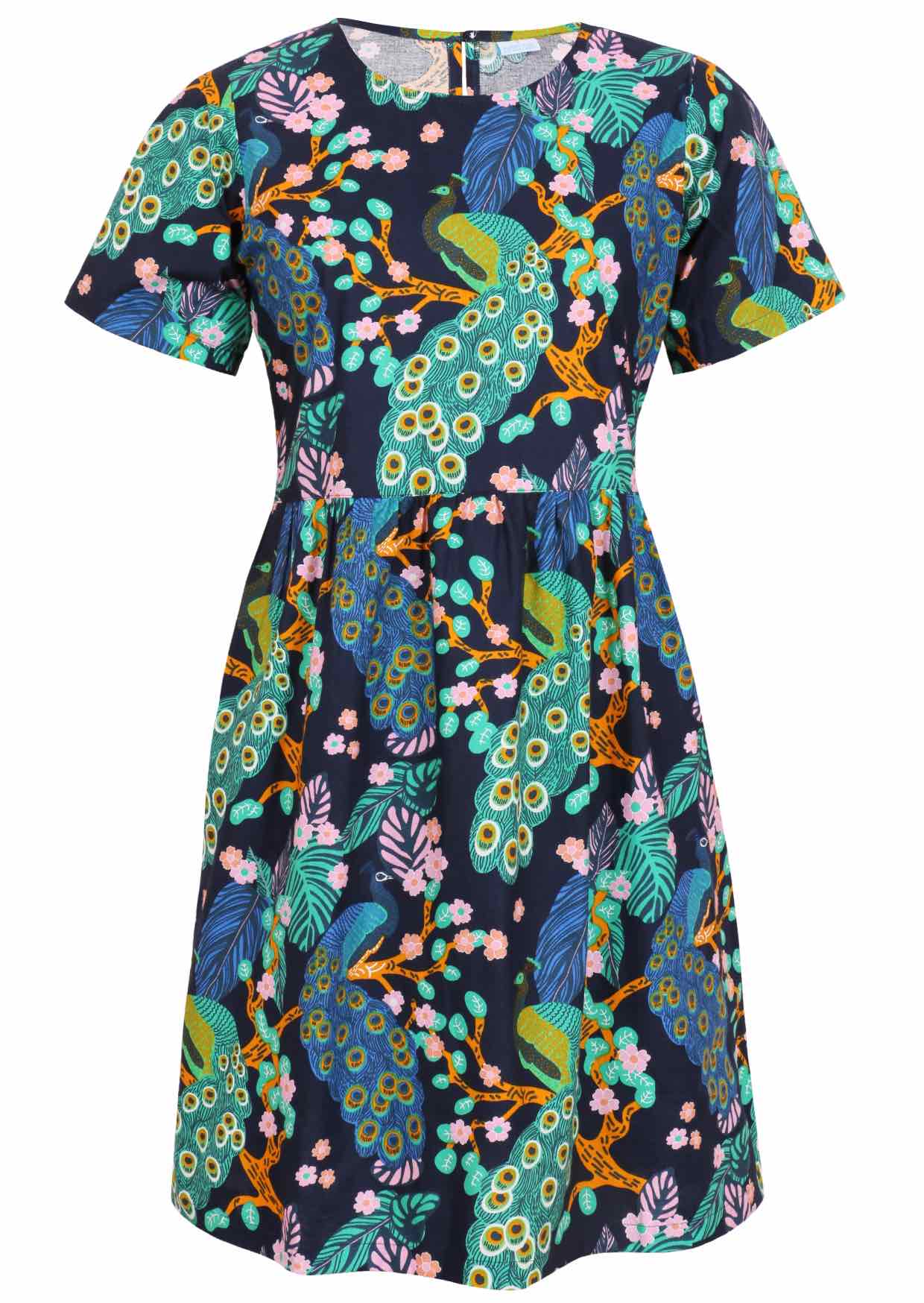 100% cotton above knee length loose fitting dress with short sleeves and high round neckline in navy blue based floral print