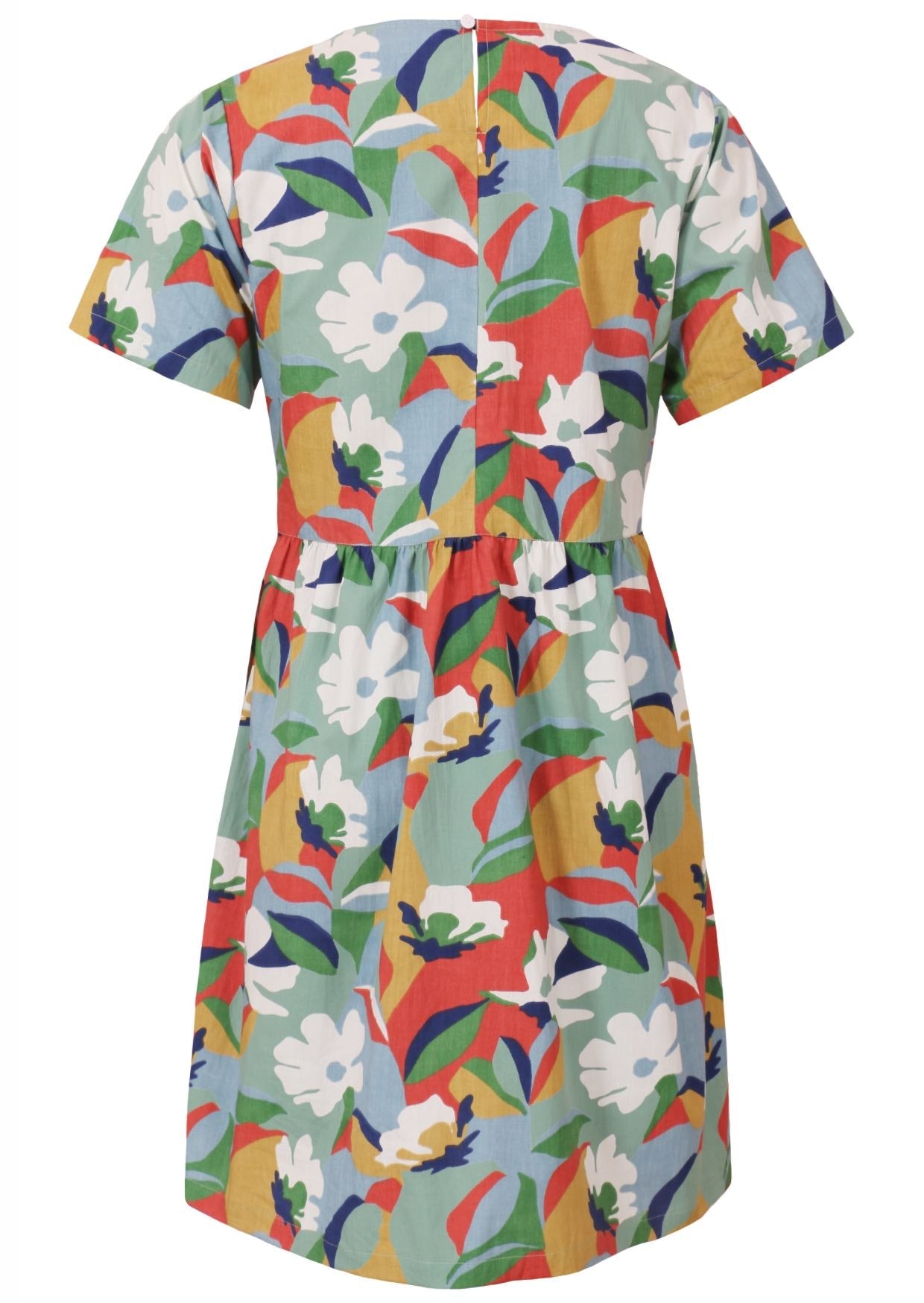Back view of above knee length cotton dress with short sleeves and button at nape of the neck in retro floral print. 