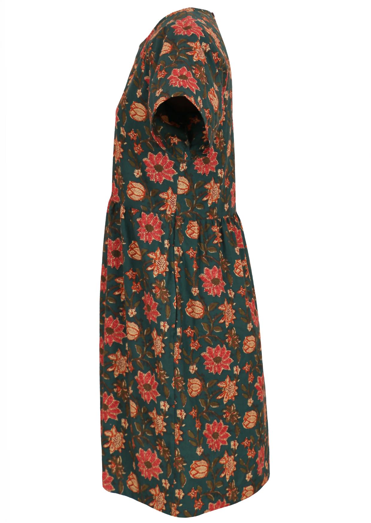 Green based above the knee length cotton dress with short sleeves, pockets and gathers.