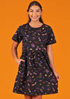 Mabel Dress Astro 100% cotton space print on black background relaxed fit above knee dress with hidden pockets | Karma East Australia