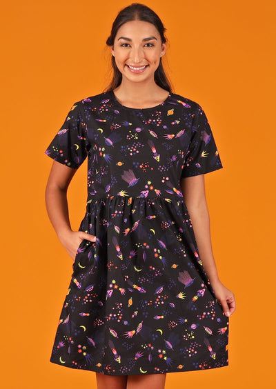 Mabel Dress Astro 100% cotton space print on black background relaxed fit above knee dress with hidden pockets | Karma East Australia