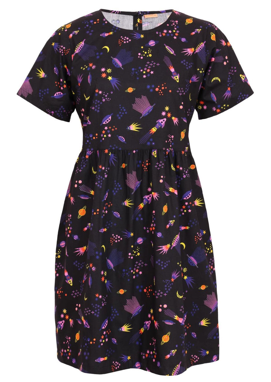 Mabel Dress Astro 100% cotton space print on black background relaxed fit above knee dress with hidden pockets | Karma East Australia