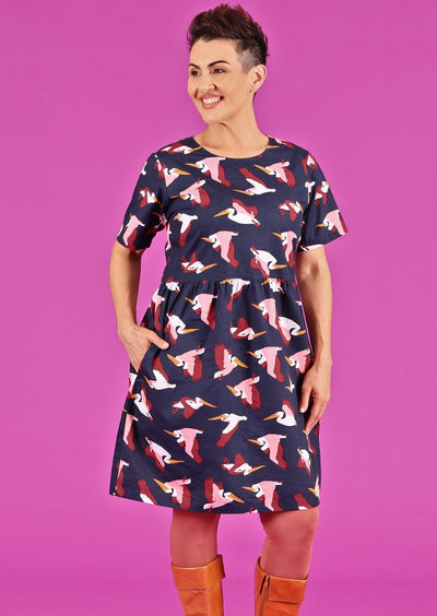 flying bird print cotton dress with pockets