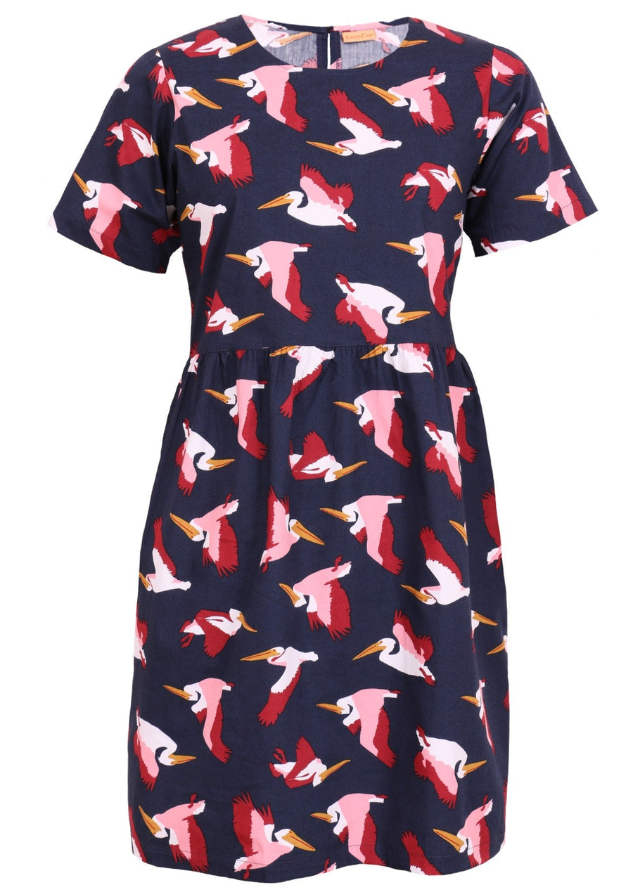 Mabel Dress Percival 100% cotton pelican print on dark blue base relaxed fit short sleeve dress with pockets | Karma East Australia
