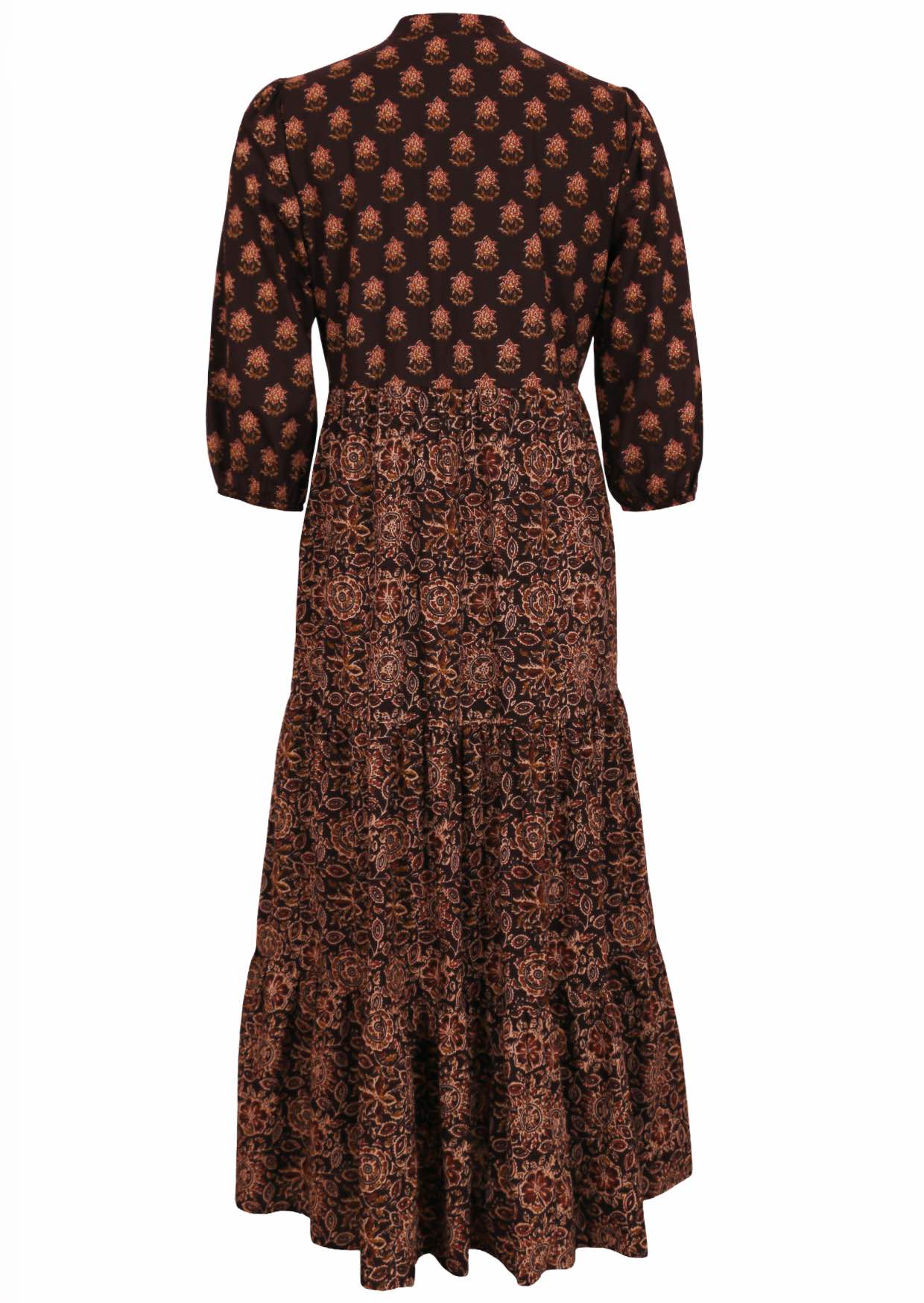 100% cotton maxi dress with combination of two brown based floral print. 