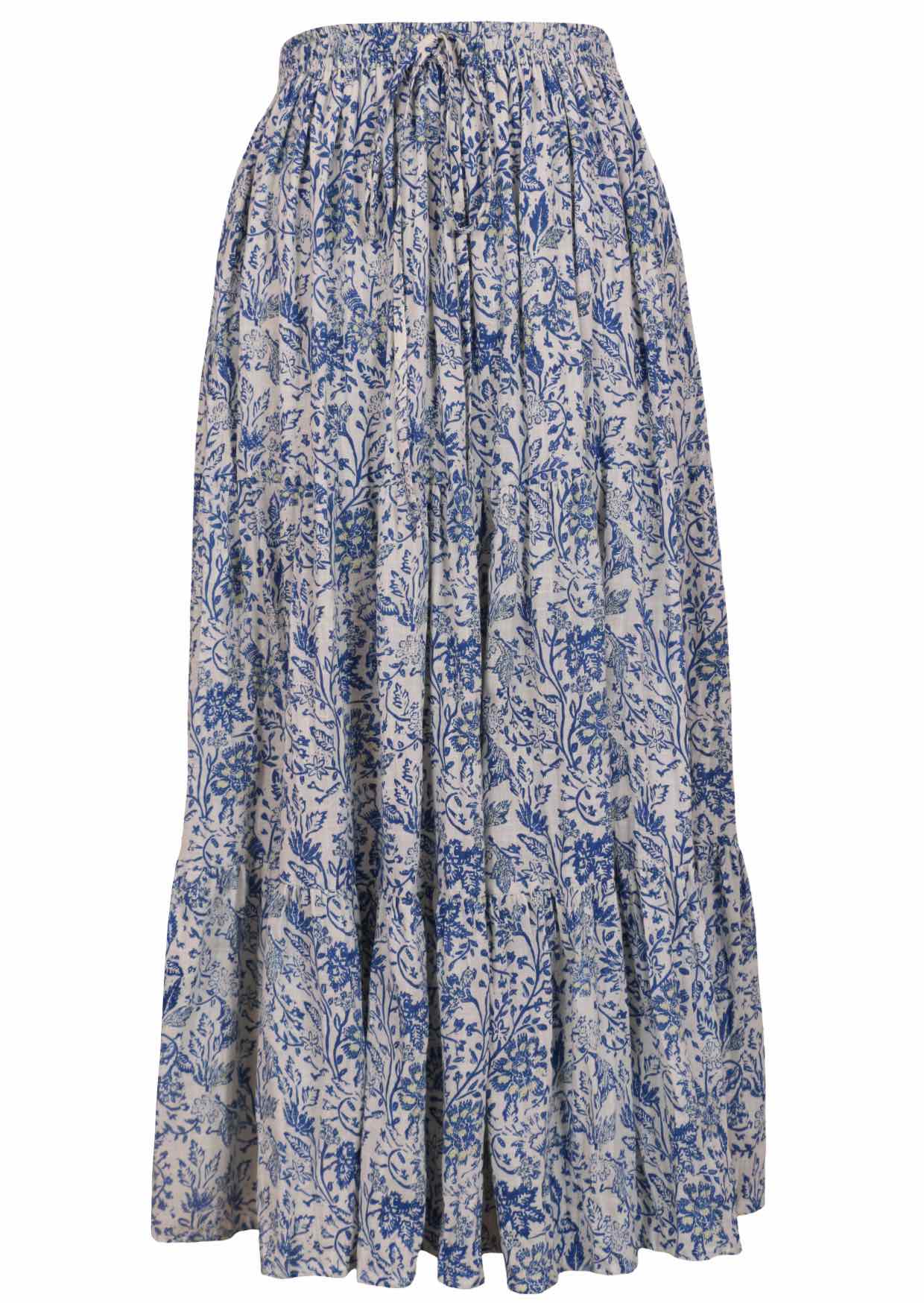 white based blue floral print long cotton skirt on a white background.