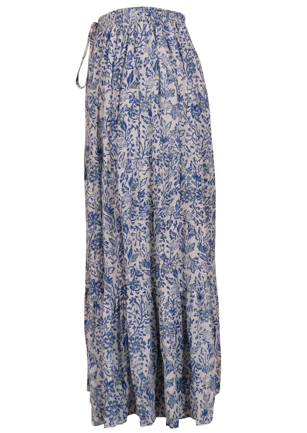 White based blue floral print cotton skirt on a white background.