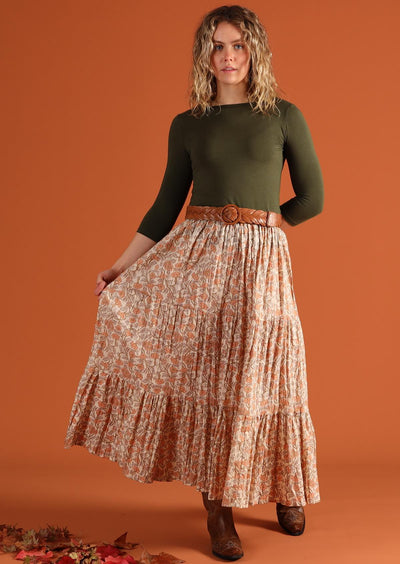 Model wears 100% cotton floral maxi skirt
