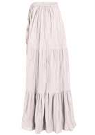Side view of white 100% cotton skirt with elasticated waistband and drawstring