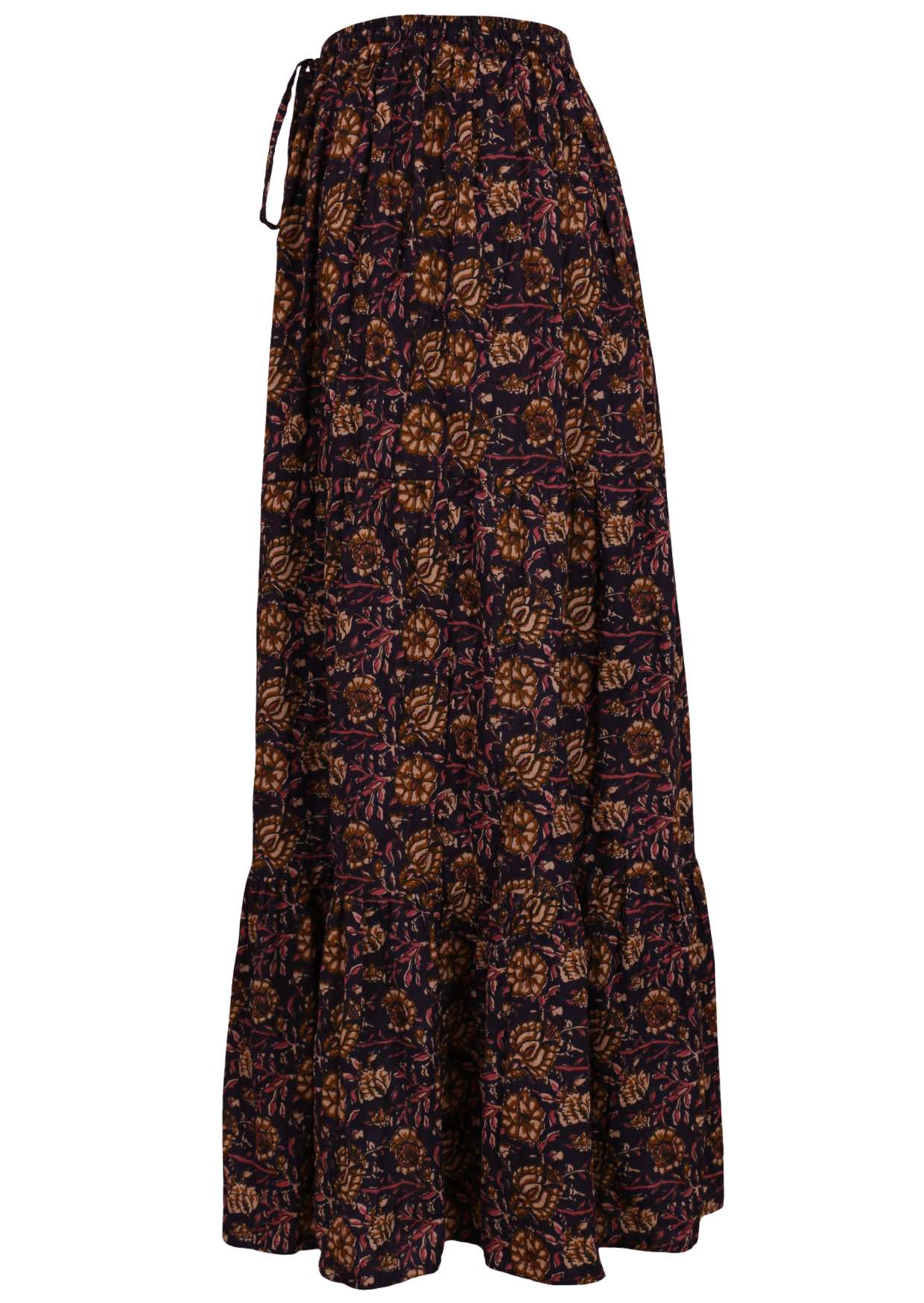 Side image of floral printed cotton maxi skirt with shoestring tie and elasticated waist.