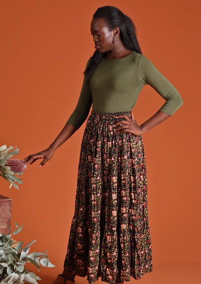 100% Indian cotton black red green and cream floral skirt