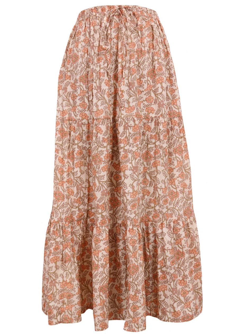Model wears a 100% cotton maxi skirt with an elasticated waistband. Tiers of fabric create volume to this cream and peach patterned skirt. 