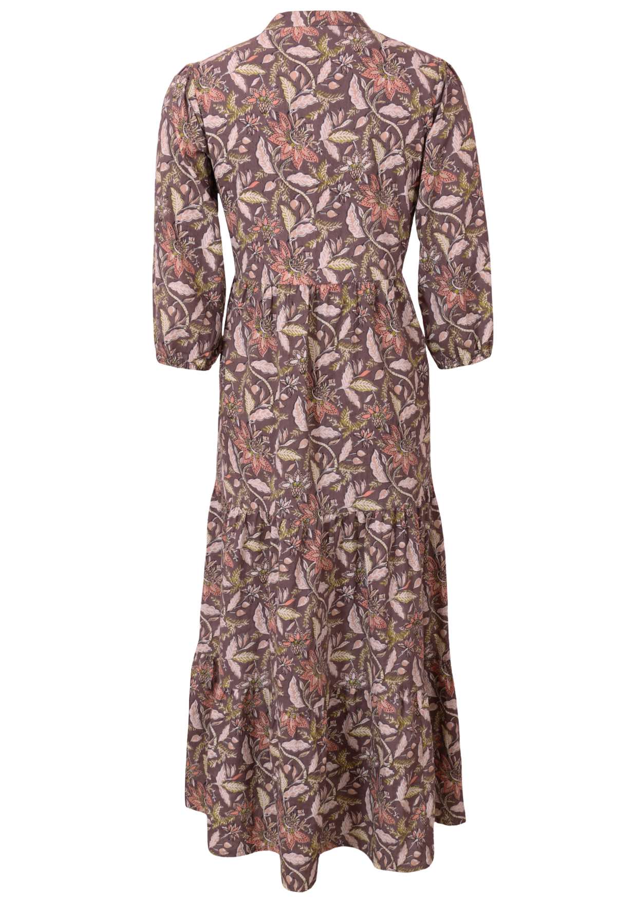 Back view of 100% cotton taupe based floral maxi dress with 3/4 sleeves, mandarin collar and pockets