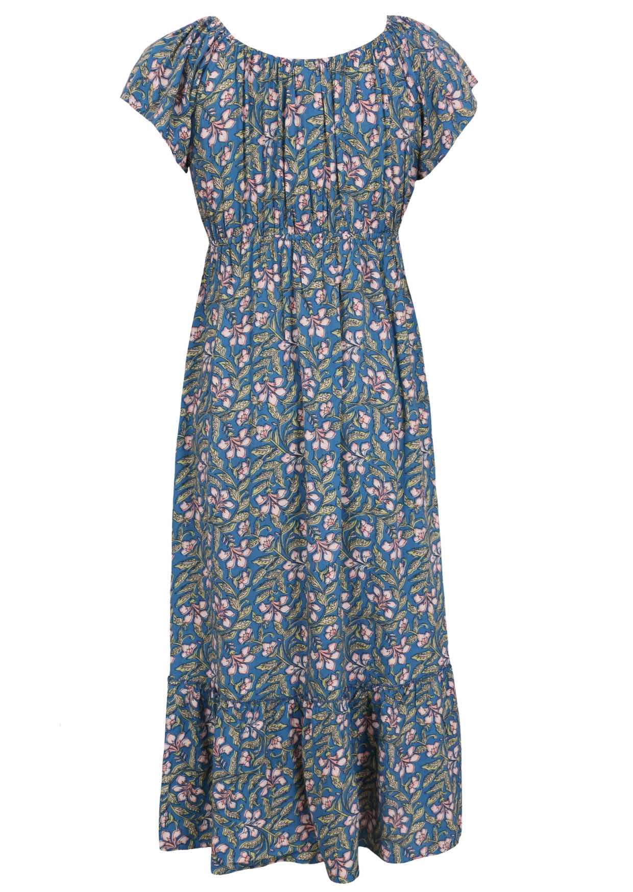 cerulean blue based block style floral print rayon dress with adjustable drawstring