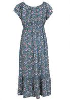 cerulean blue based block style floral print rayon dress with adjustable drawstring
