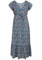 cerulean blue based block style floral print rayon dress with elasticated neckline.