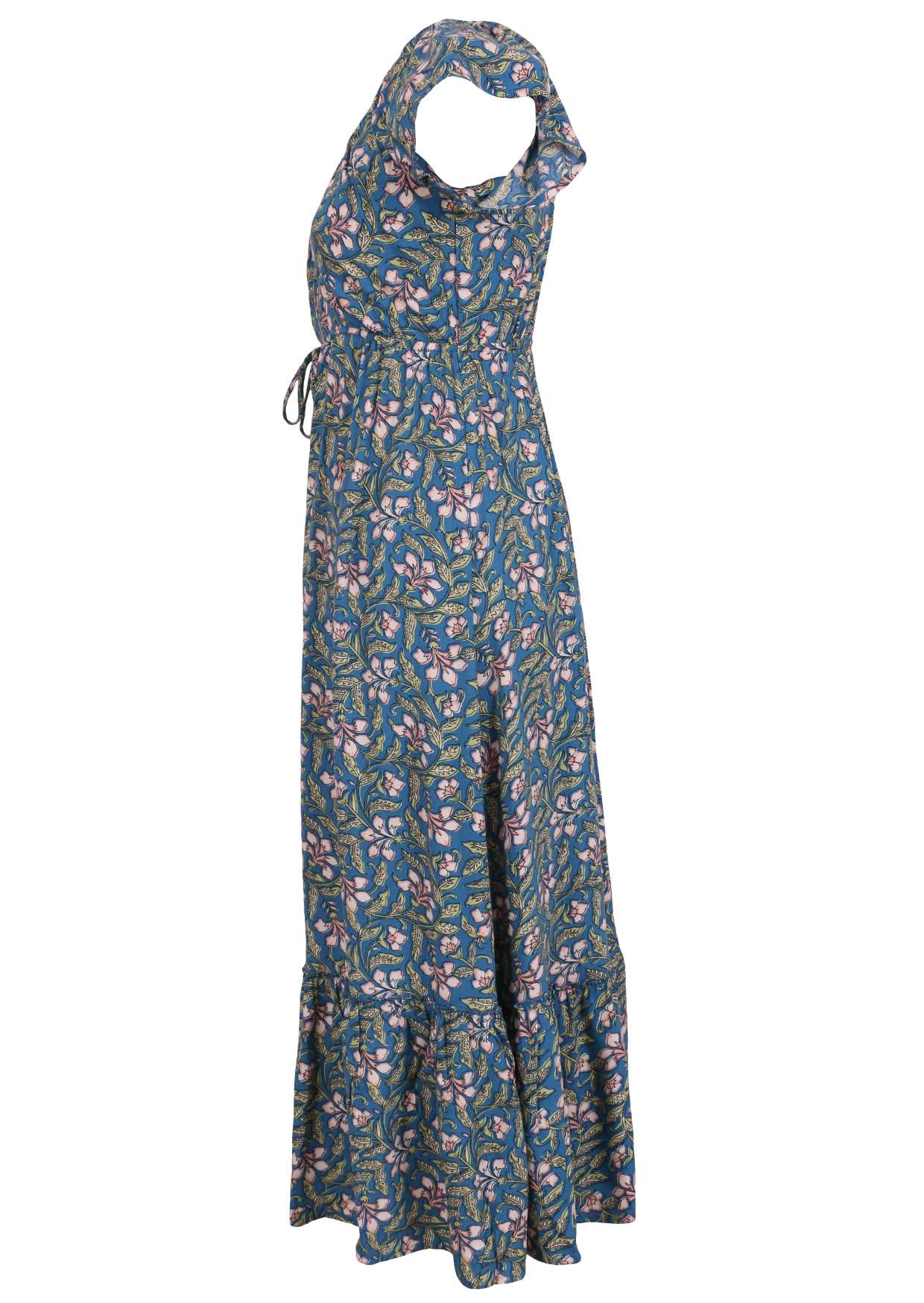 cerulean blue based block style floral print rayon short sleeve dress